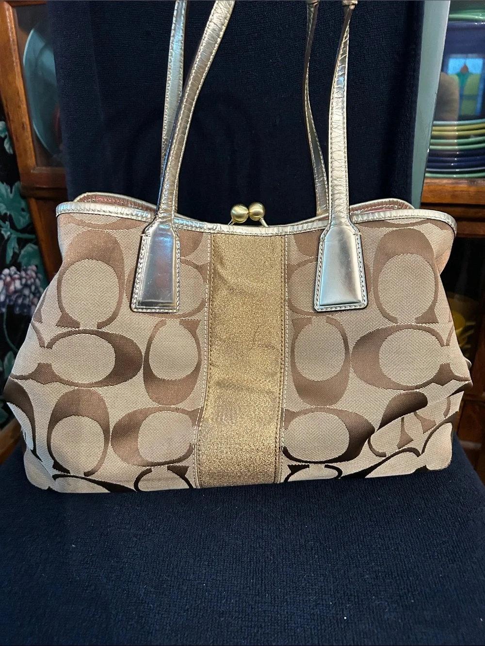 Coach Signature Monogram Canvas Tote w Gold Metallic Trim, Leather Straps
